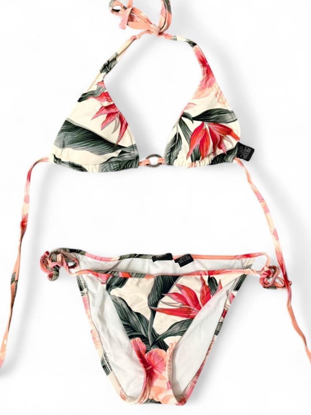 Tropical Floral Triangle Bikini Set in Cream and Coral